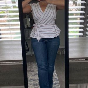 Loft white and red striped wrap around Blouse Size Small